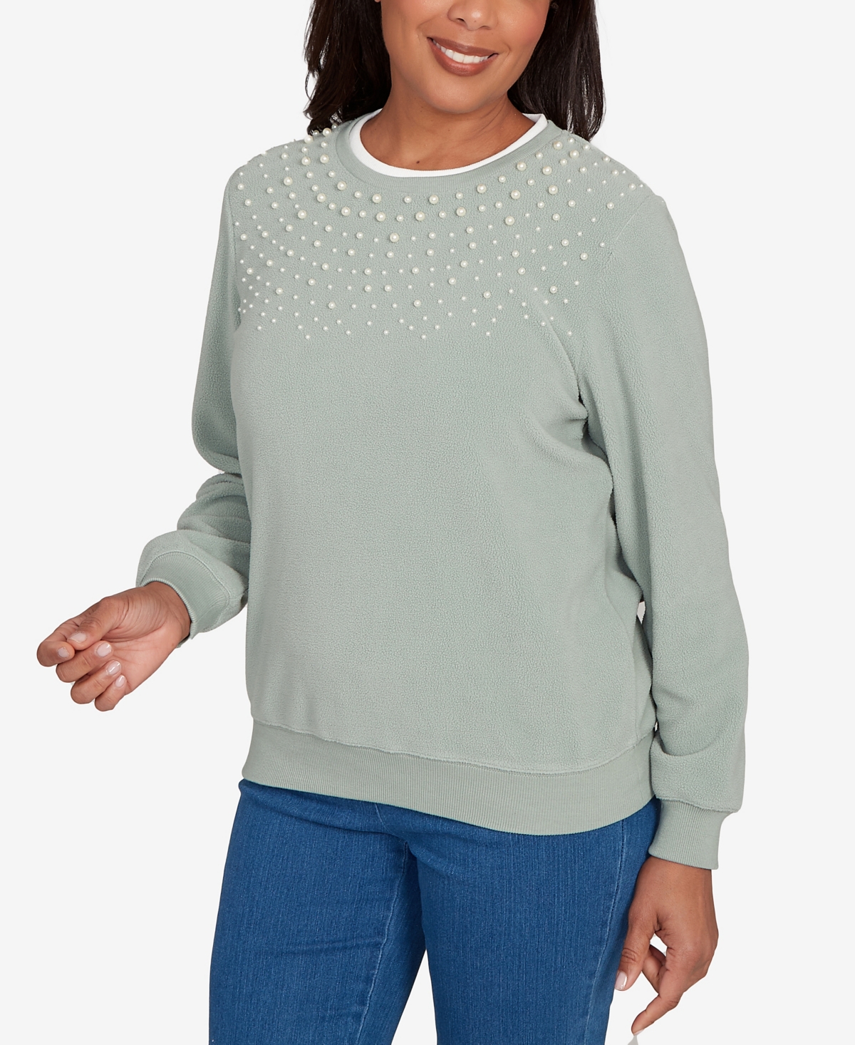 Alfred Dunner Plus Size Classic Embellished Neckline Anti-pill Sweater In Green