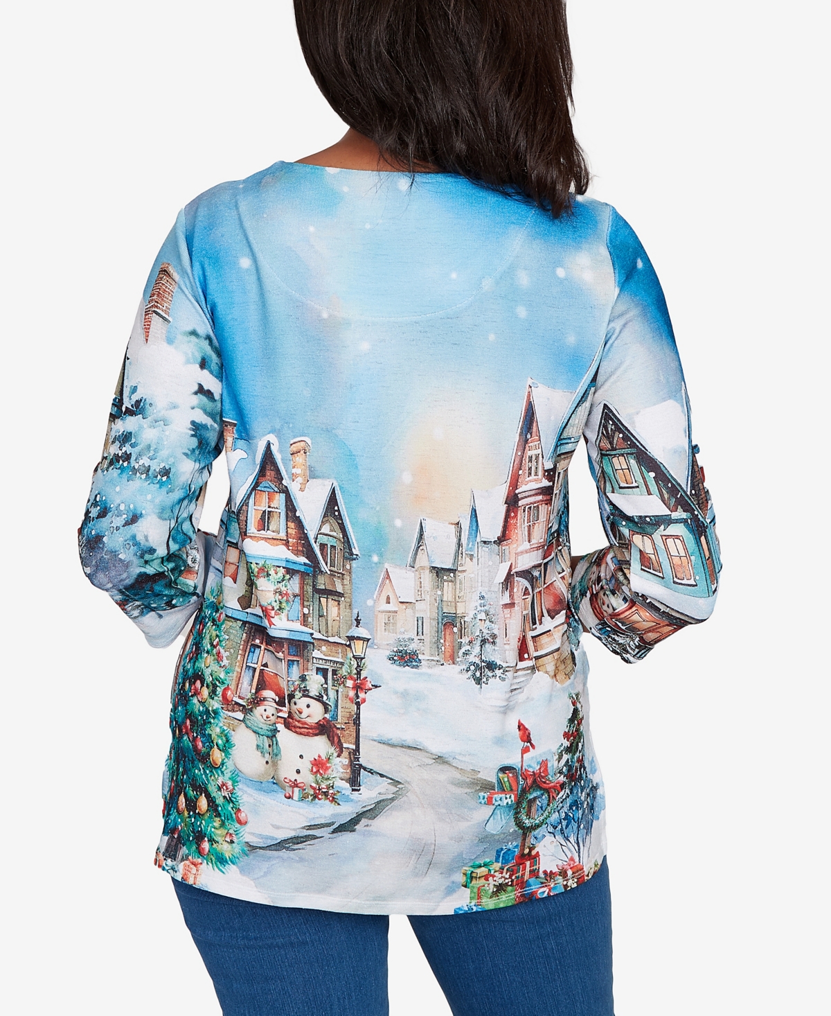 Alfred Dunner Petite Snow Cabin Scene Top In Multi