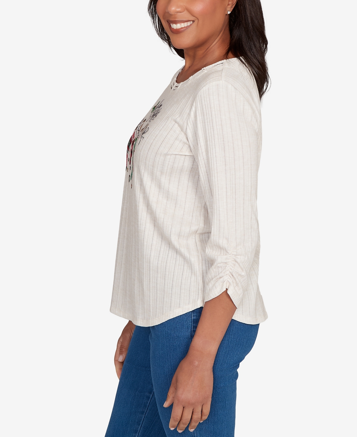 Alfred Dunner Plus Size Classic Holiday Stockings Gathered Sleeve Top In White