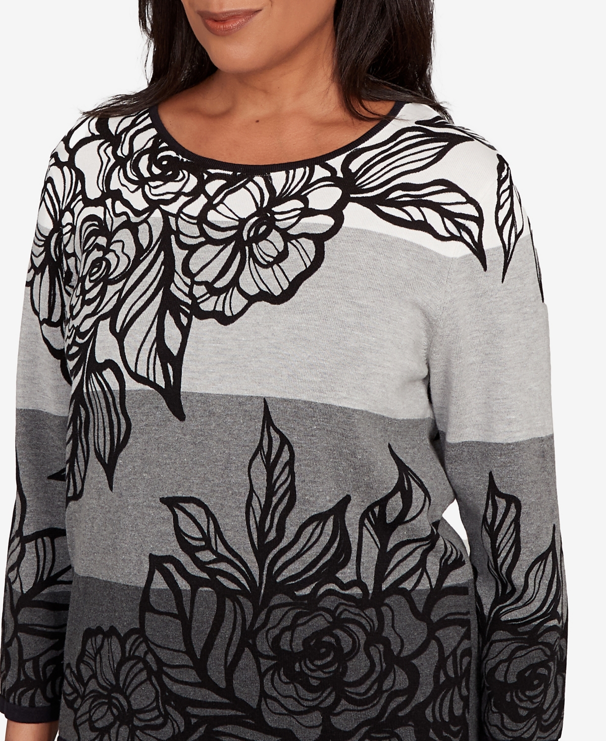 Alfred Dunner Women's Classic Ombre Floral Block Stripe Sweater In Gray