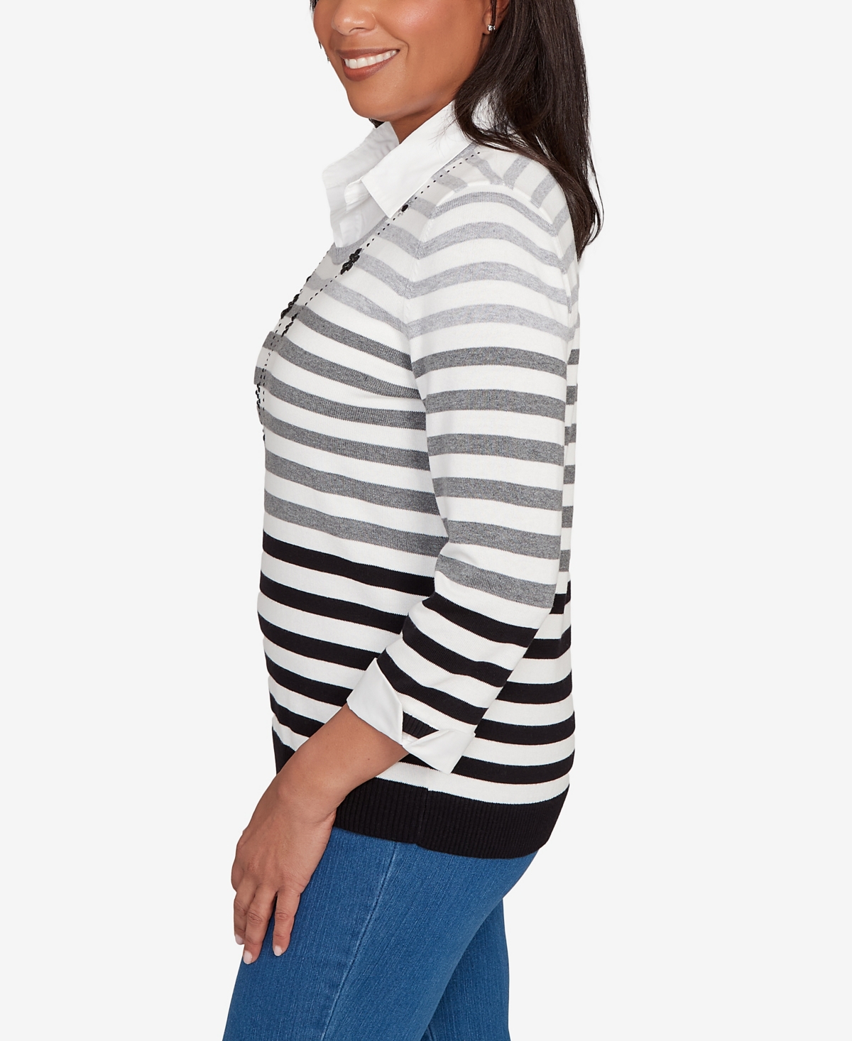 Alfred Dunner Women's Classic Ombre Stripe Two In One Sweater In Black