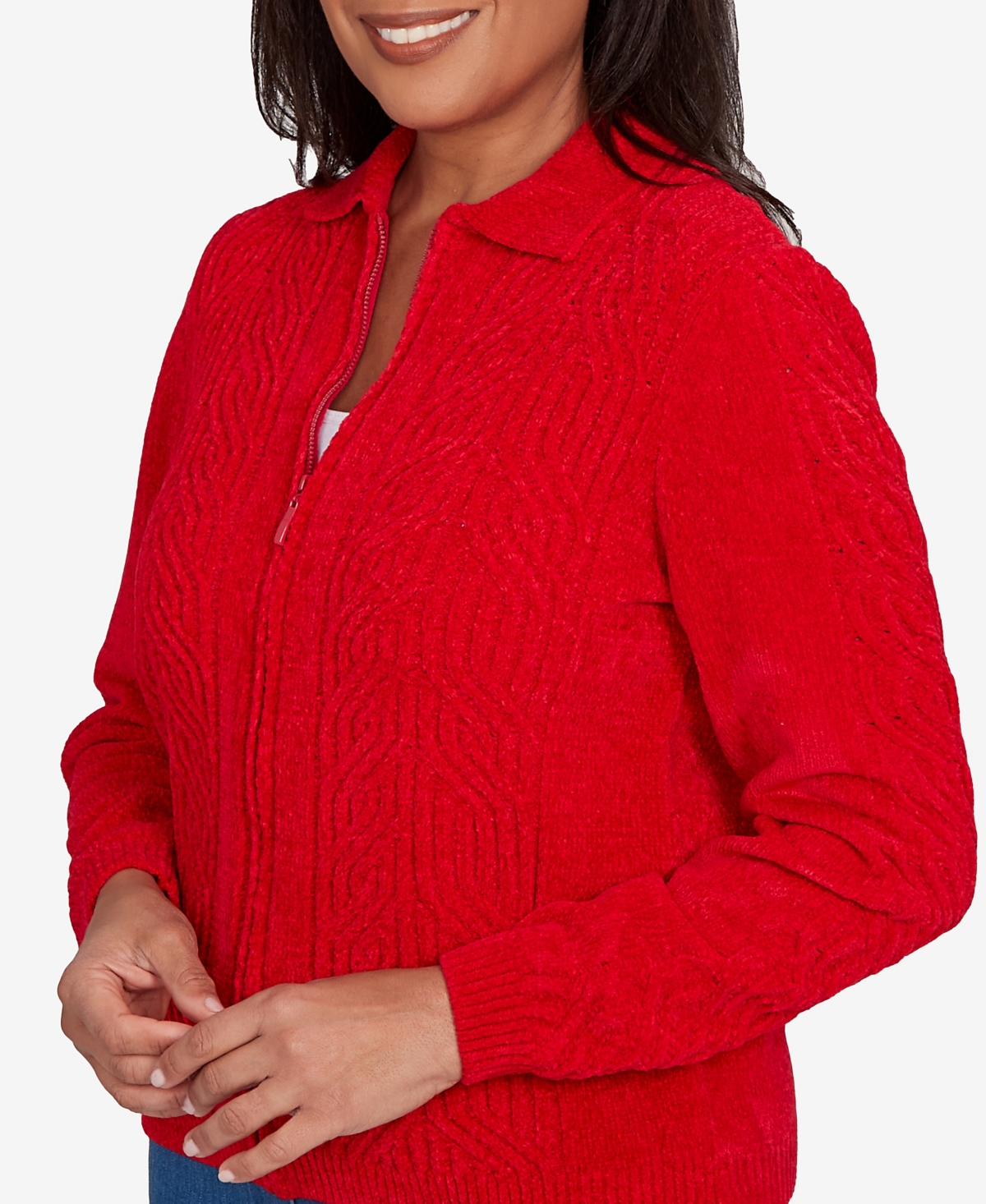 Alfred Dunner Petite Front Zip Chenille Cardigan In Red