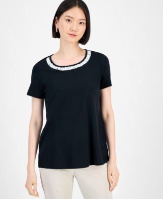 Women's Cotton Beaded-Neck T-Shirt, Exclusively at Macy's
