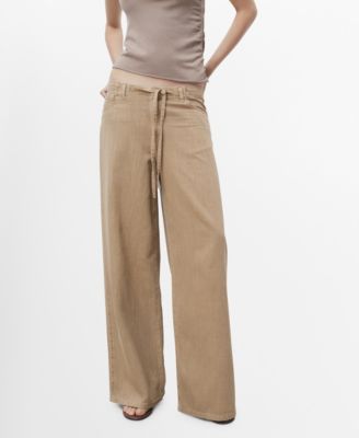 MANGO - Women's Belted Wide-Leg Denim Pants