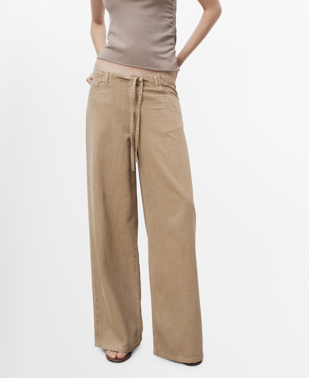 Mango Wide-leg Denim Trousers With Belt Sand In Brown