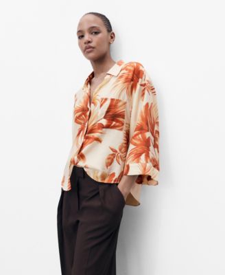 MANGO - Women's Palm Tree Print Three-Quarter Sleeve Blouse