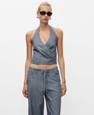 MANGO - Women's Striped Crossover Denim Top