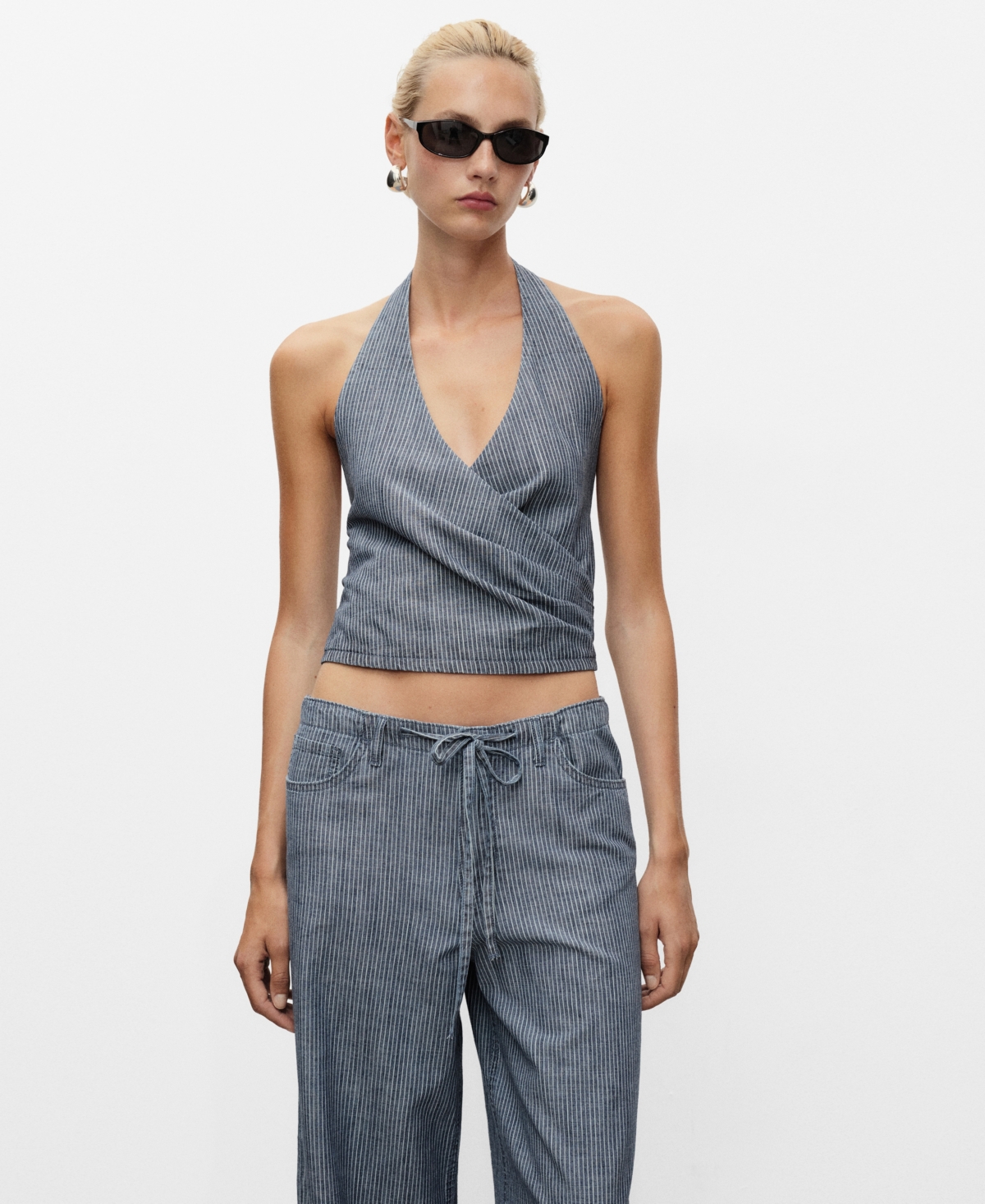 Mango Stripe Crossover Crop Halter Top In Blue