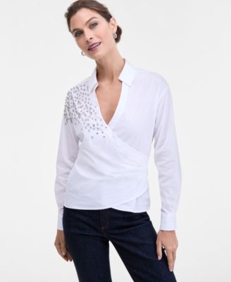 I.N.C. International Concepts - Women's Embellished Faux-Wrap Shirt