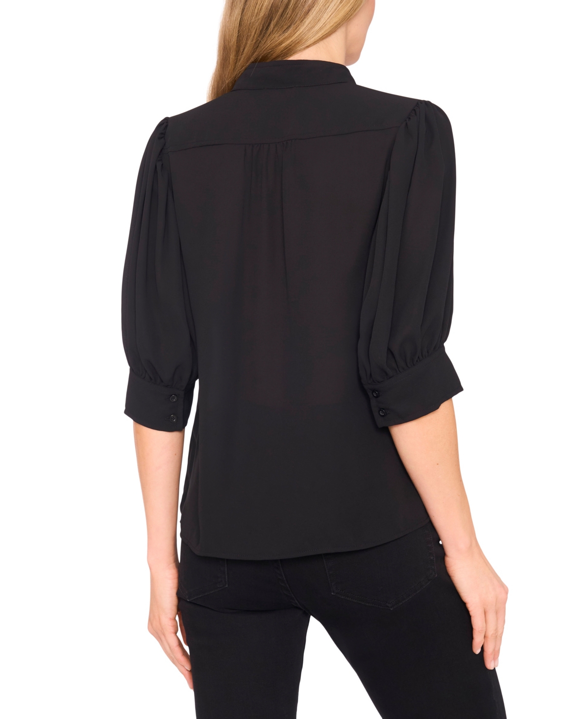 Cece Puff Sleeve Bow Placket Blouse In Black