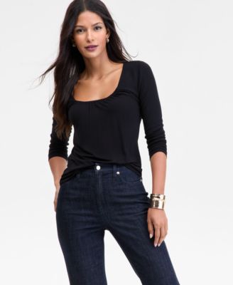 I.N.C. International Concepts - Women's Mixed Media Scoop-Neck Long-Sleeve Top