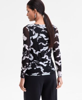 Women's Twist-Neck Printed Mesh Top