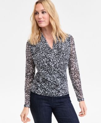 I.N.C. International Concepts - Women's Printed Mesh Surplice-Neck Top
