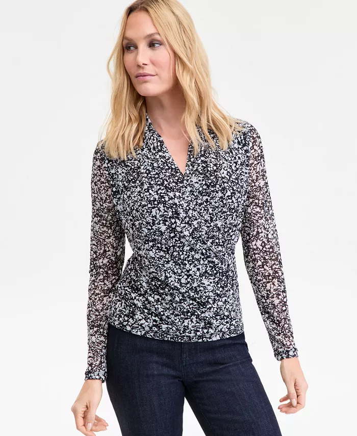 Women's Printed Mesh Surplice-Neck Top