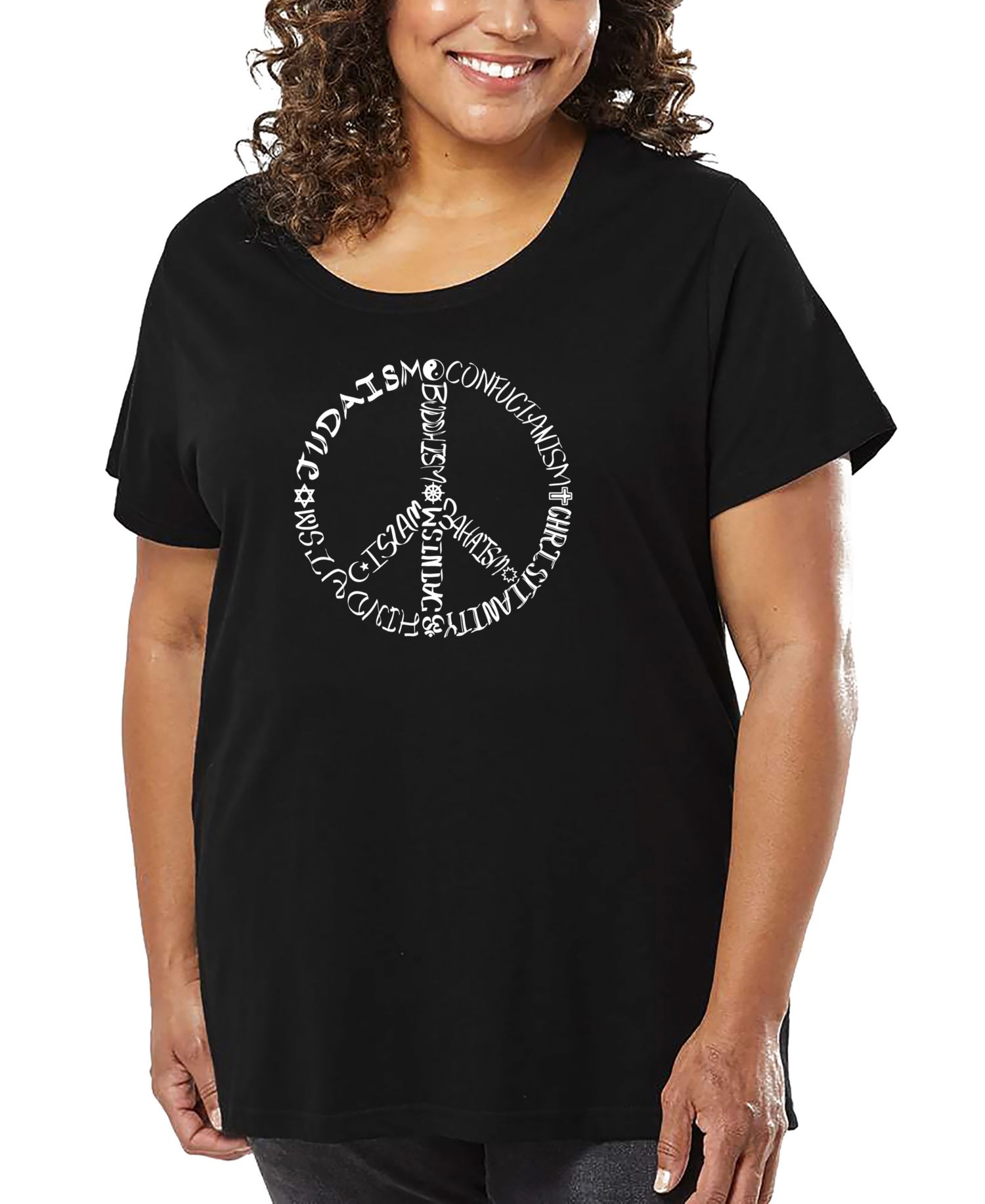 Plus Size Different Faiths Peace Sign Word Art T-Shirt