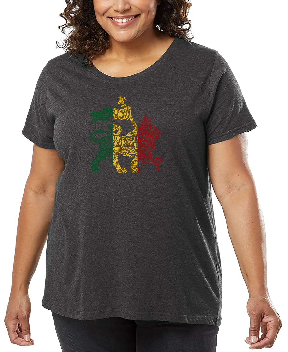 La Pop Art Plus Size Rasta Lion One Love Word Art T-shirt In Black