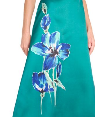 Women's V-Neck Flower Print Detail Midi Dress