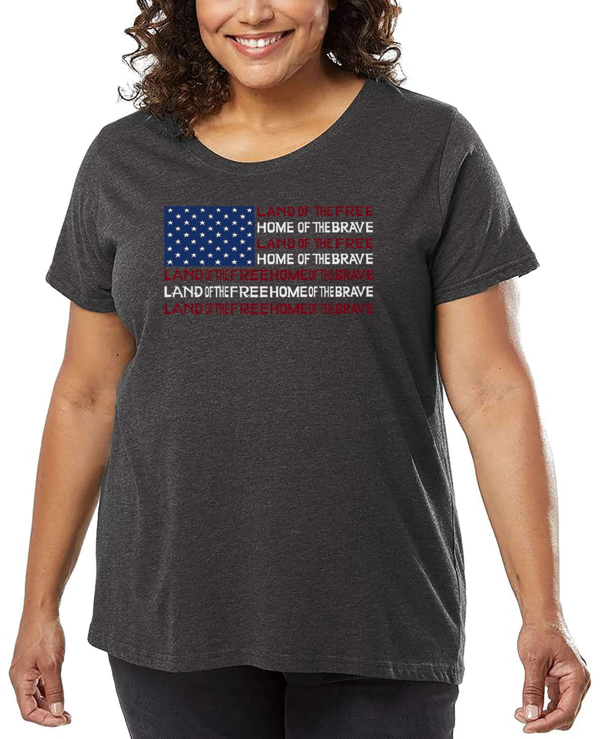 La Pop Art Plus Size Land Of The Free American Flag Word Art T-shirt In Gray
