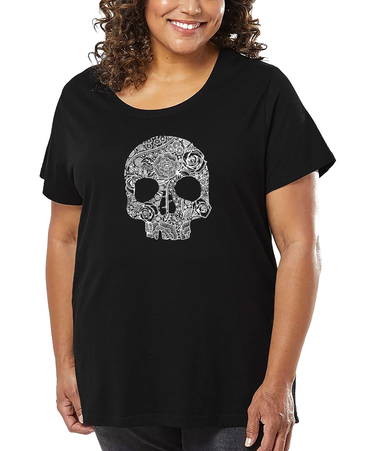 La Pop Art Plus Size Flower Skull Word Art T-shirt In Black