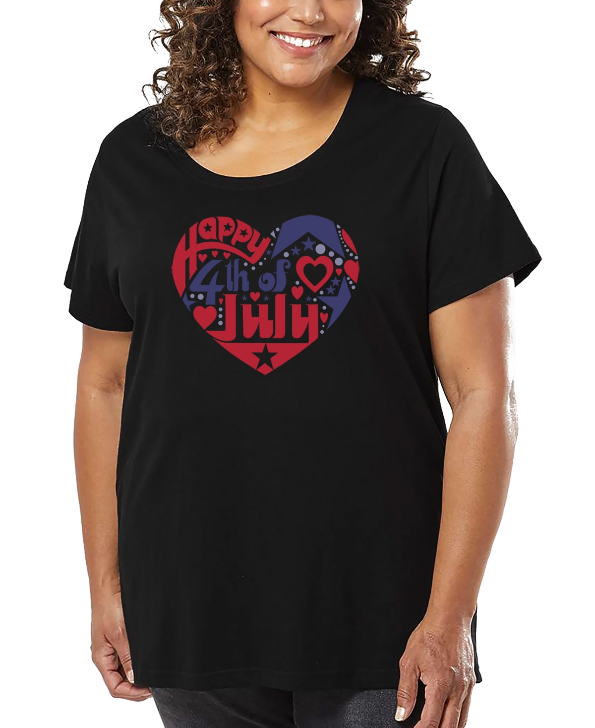 La Pop Art Plus Size July 4th Heart Word Art T-shirt In Black