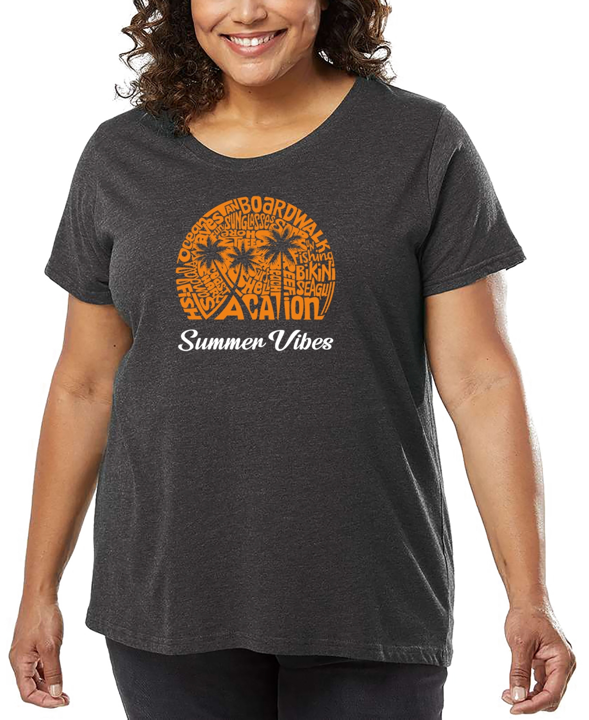 La Pop Art Plus Size Summer Vibes Word Art T-shirt In Gray