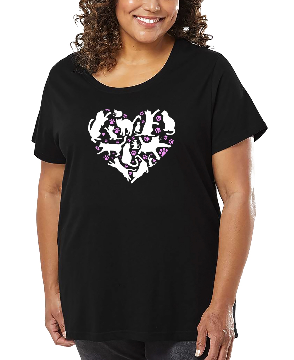 La Pop Art Plus Size Cat Heart Art T-shirt In Black