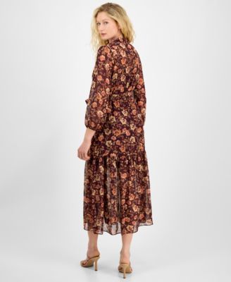 Women's Floral Chiffon Tie-Waist 3/4-Sleeve Dress