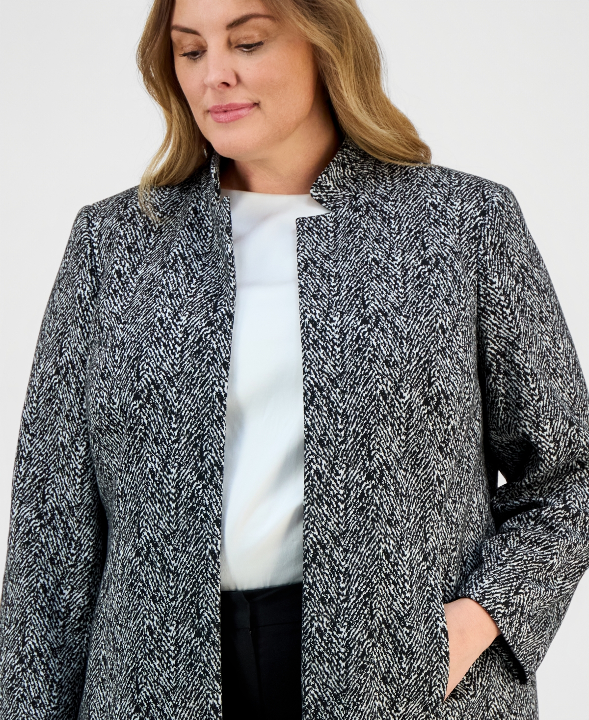 Kasper Plus Size Knit Jacquard Long Jacket In Multi