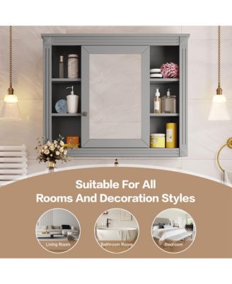 35" x 28" Mirror Cabinet with 6 Open Shelves, Wall Mounted Bathroom Medicine Cabinet (No Vanity)