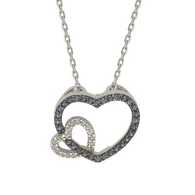 Suzy Levian Sterling Silver Sapphire & Created White Sapphire Double Heart Pendant Necklace