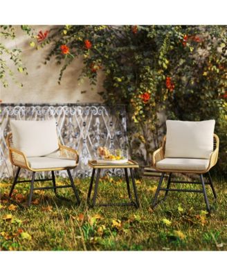 Yaheetech 3-Piece Outdoor Wicker Rattan Boho Coffee Table & 2 Chairs, Tan/Cream