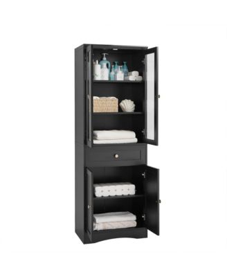 Tall Bathroom Storage Cabinet, Four Doors, Drawers, Adjustable Shelf