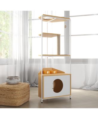 Corner Cat Tower Cat Tree with Scratching Post Cat House with Feeding Station and Climbing Platforms