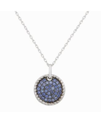 Suzy Levian Sterling Sapphire Pave Circle Disk Pendant Necklace with Rope Halo Accent