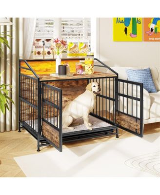 Brown Multi-function Dog Crates with Storage Large Wooden Dog Kennel with Double Doors for Large/Medium Dog
