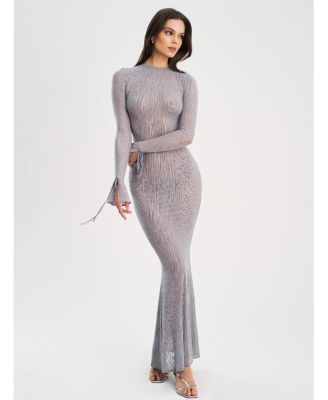 Women Waylynn Gray Animal Print Burnout Velvet Detail Mesh Backless Maxi Dress