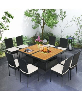 10Pieces Rattan Patio Dining Set Cushioned Outdoor Furniture Set With Wooden Tabletop