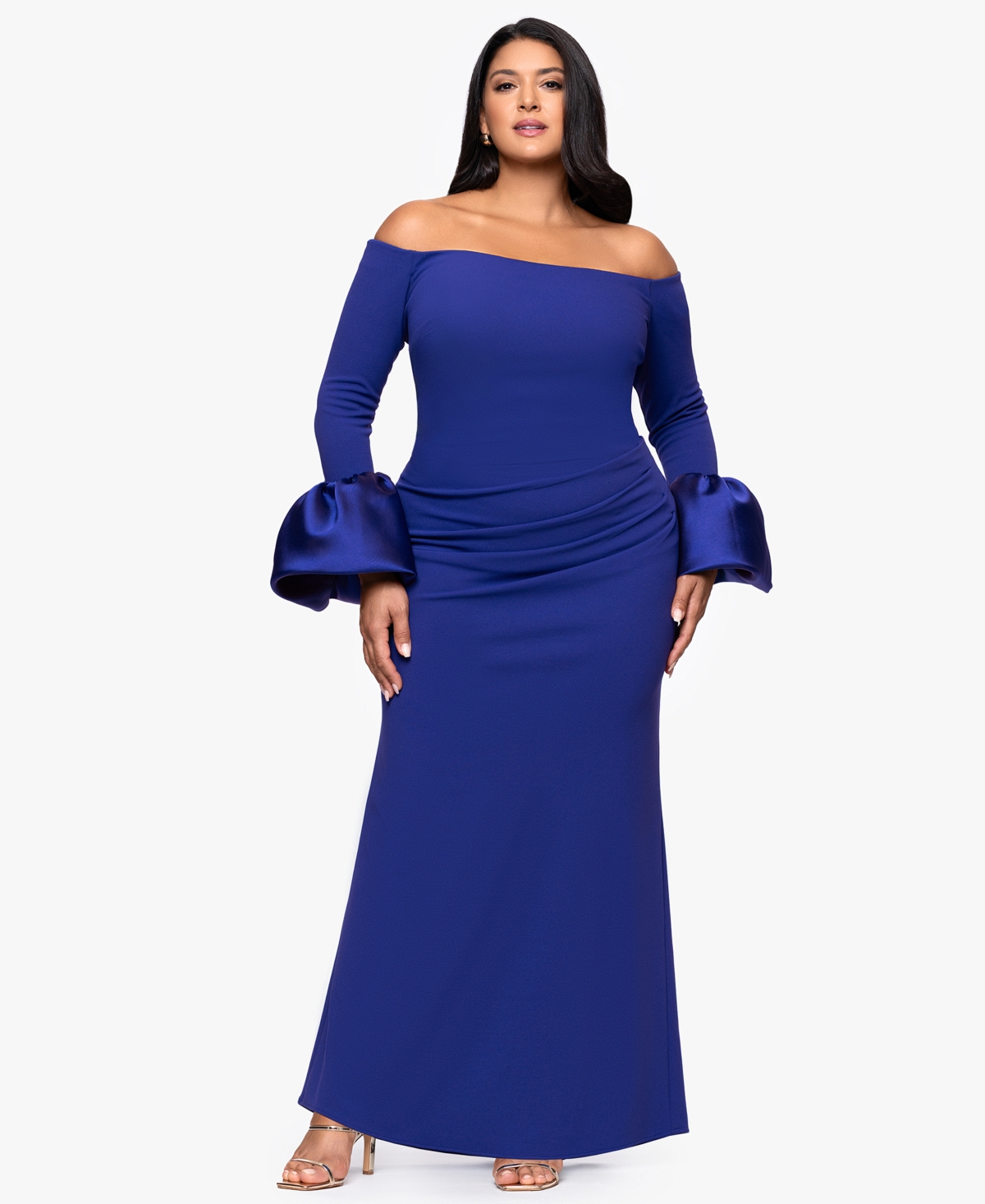 Betsy & Adam Plus Size Scuba Bell Sleeve Off-the-shoulder Long Dress In Blue