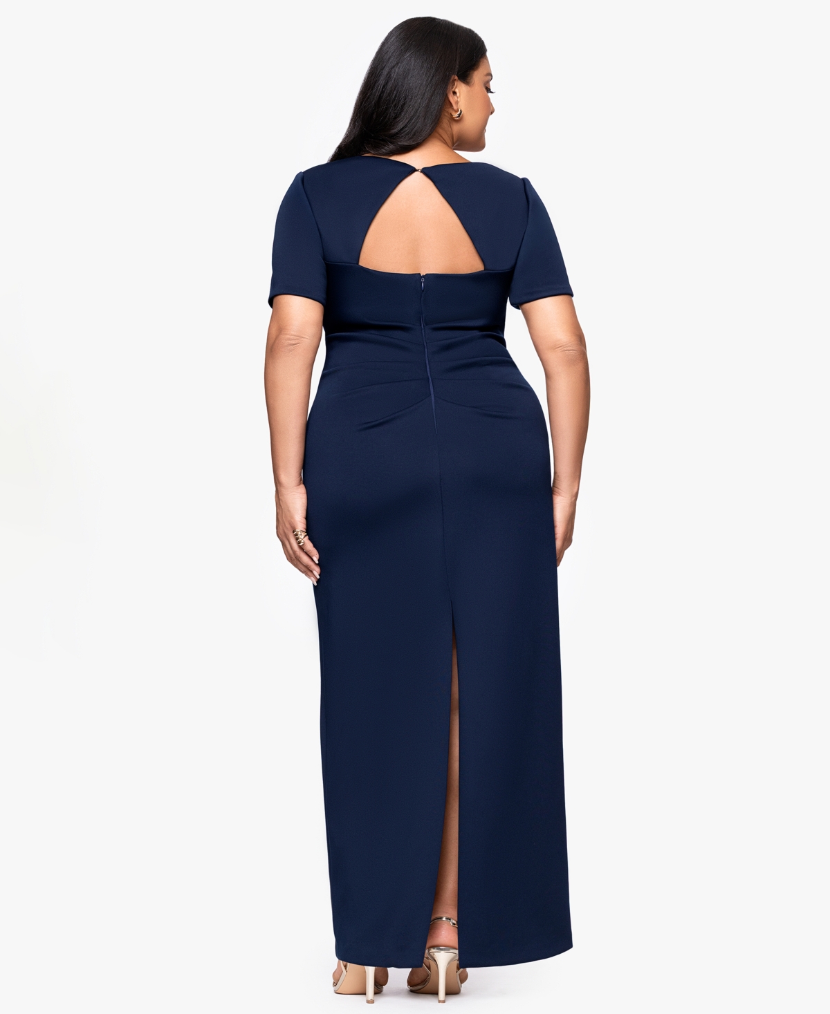 Betsy & Adam Plus Size Long Tech Scuba Open Back Dress In Blue