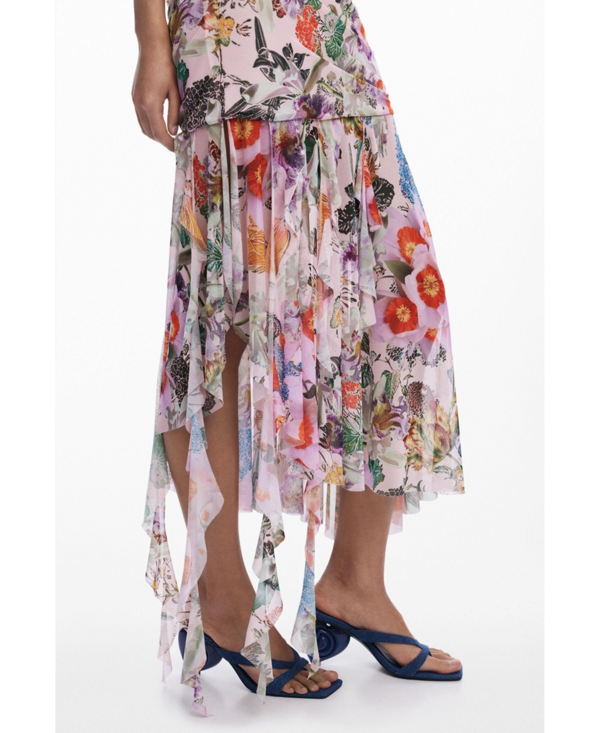 Desigual Ruched Ruffle Hem Asymmetric Maxi Dress In Pink