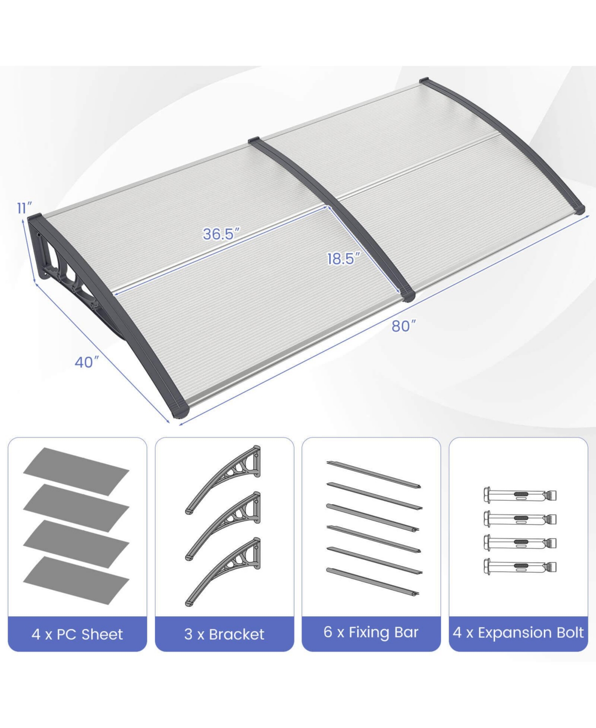 80" x 40" Patio Awning Canopy Window Door Overhang Rain Snow Protection