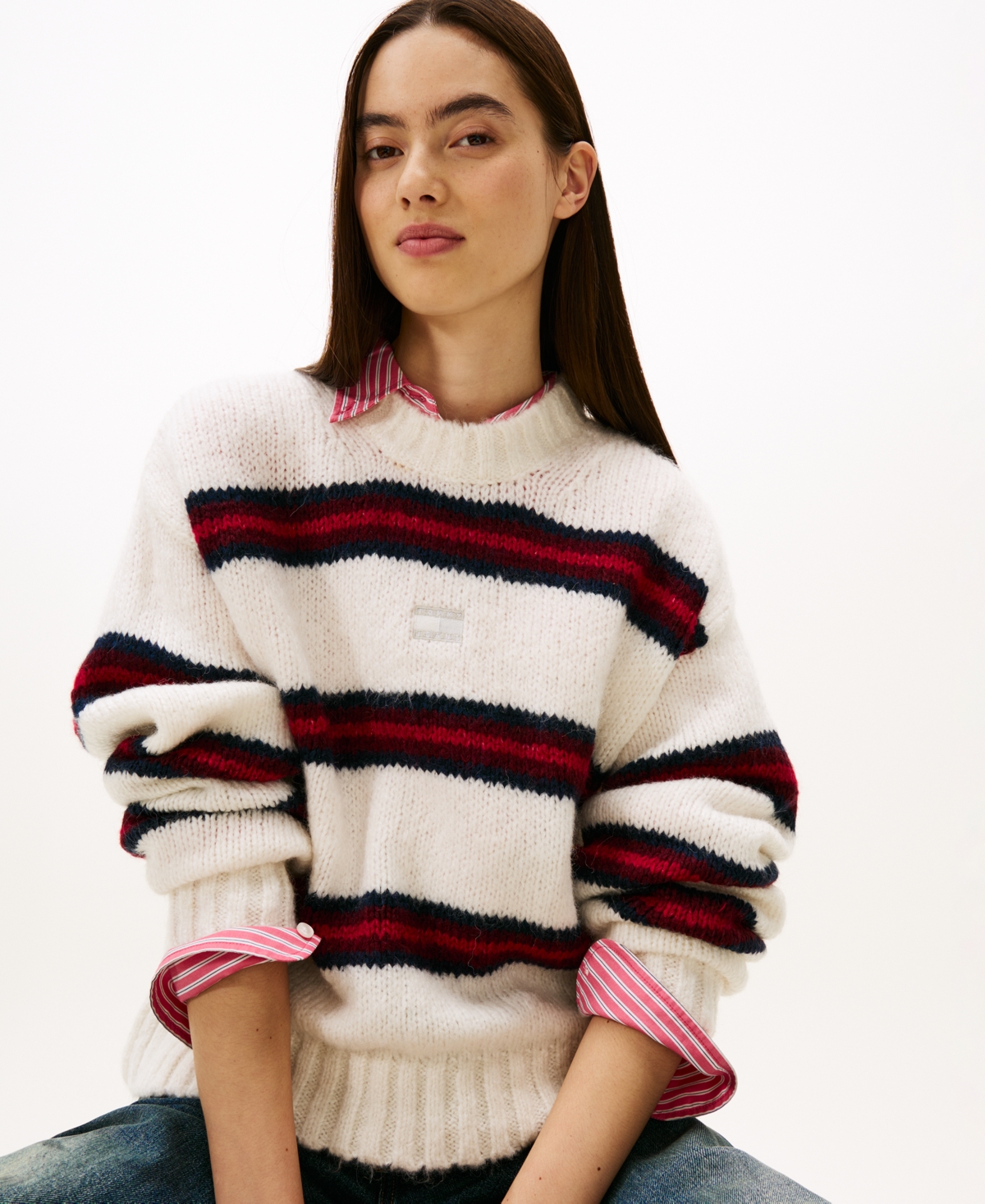 Tommy Jeans Women's Badge Stripe Fluffy Long Sleeve Sweater In Multi