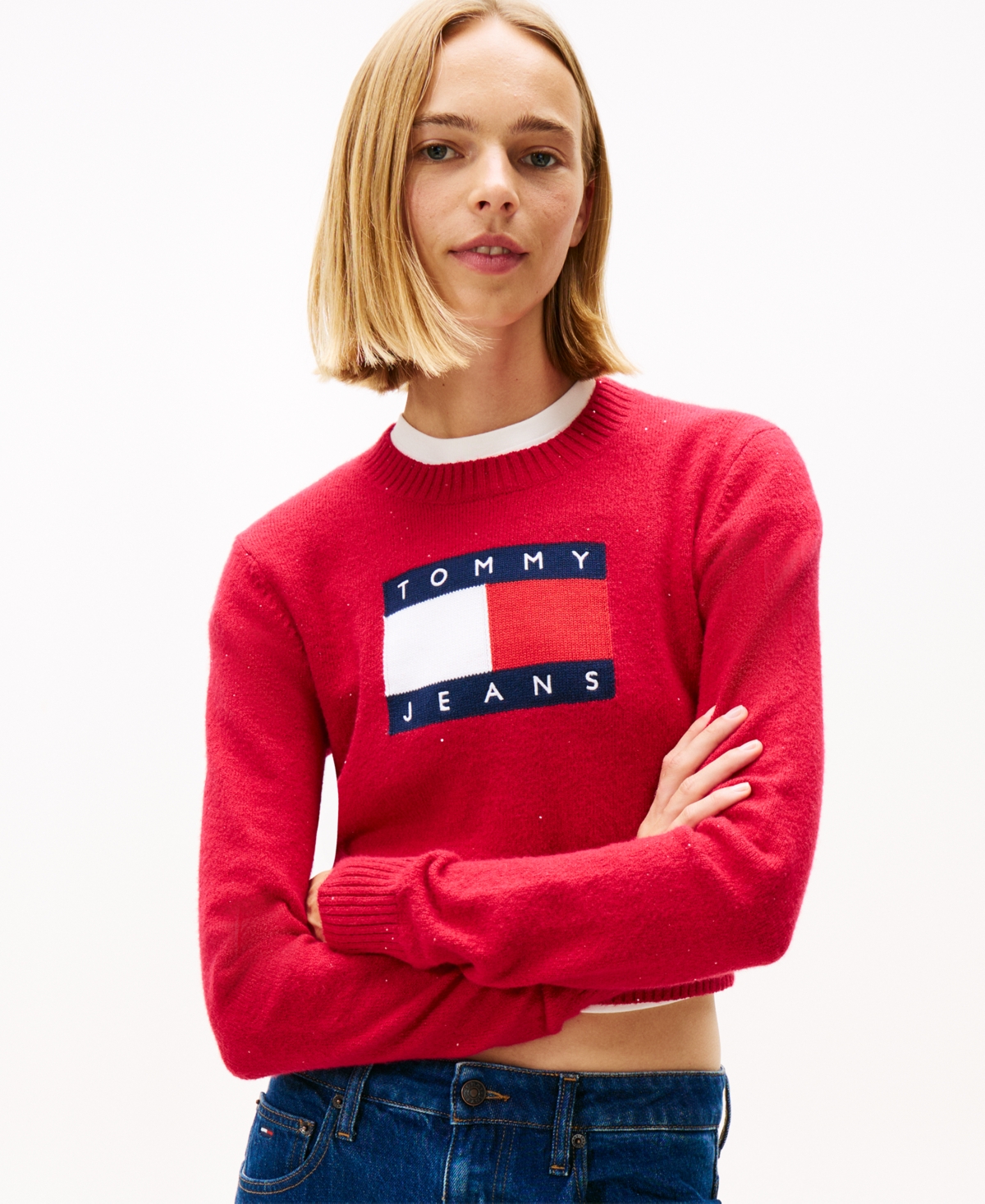 Tommy Jeans Women's Sparkle Flag Logo Sweater In Red