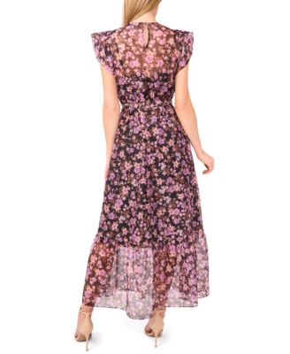 Women's Floral High Neck Flutter Sleeve Maxi Dress