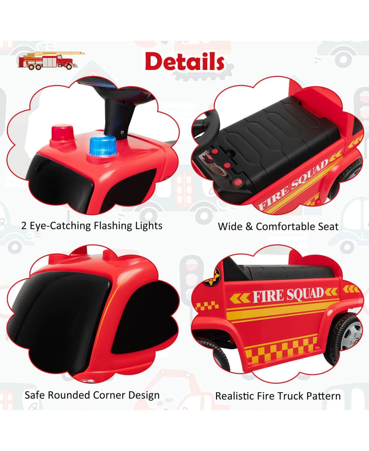 Akiudex Kids Ride-On Fire Truck Push Car with Bubble Maker and Lights