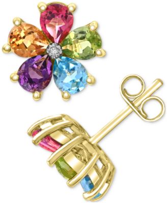 Multi Gemstone: Pink Topaz 5/8 ct. t.w., Peridot 5/8 ct. t.w. ,Blue Topaz 5/8 ct. t. w., Amethyst 5/8 ct. t.w., Citrine 1/2 ct. t.w. and Diamond Accent Flower Stud Earrings in 14K Gold-Plated Sterling Silver
