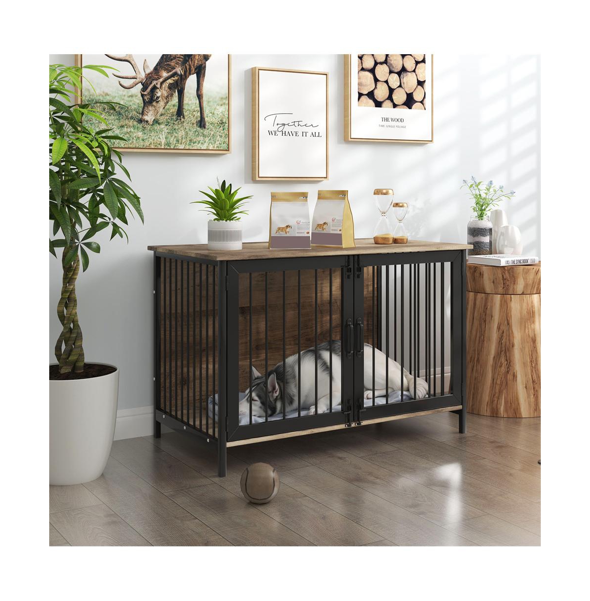 Aostirmotor Wooden Dog Crate Furniture Dog Kennel with 2 Doors for Large Medium Dog