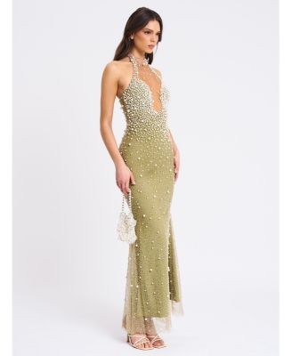 Women's Ginny Pear Green Pearl Embellished Backless Gown