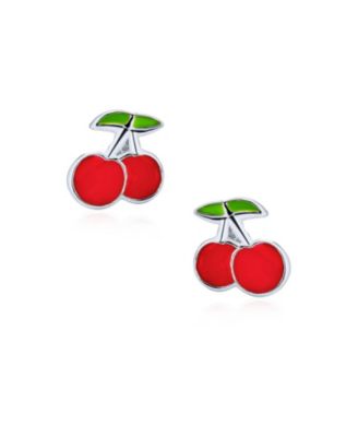 Set of 2 Small Summer Fruit Red Strawberry Cherry Stud Earrings Sterling Silver
