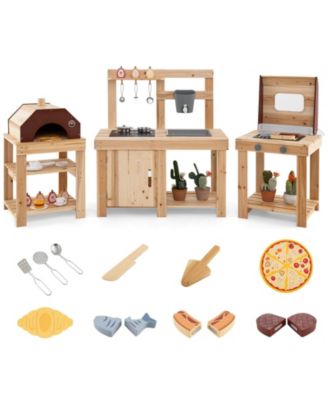 3-Piece Outdoor Wooden Kitchen Playset Kids Mud Kitchen BBQ Grill & Pizza Oven